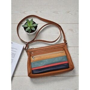 Relic Evie Crossbody Bag Tan Faux Leather Zip Front Adjustable Strap